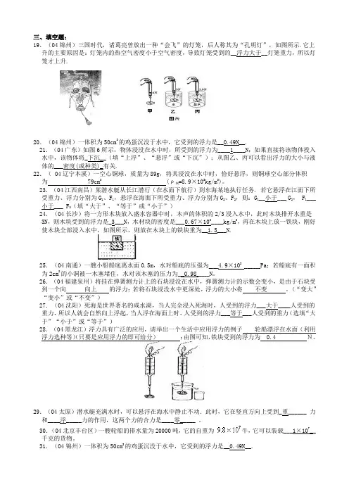 浮力实验探究题(各地中考试题汇编)
