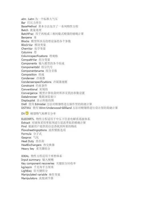 aspen相关英文参数翻译
