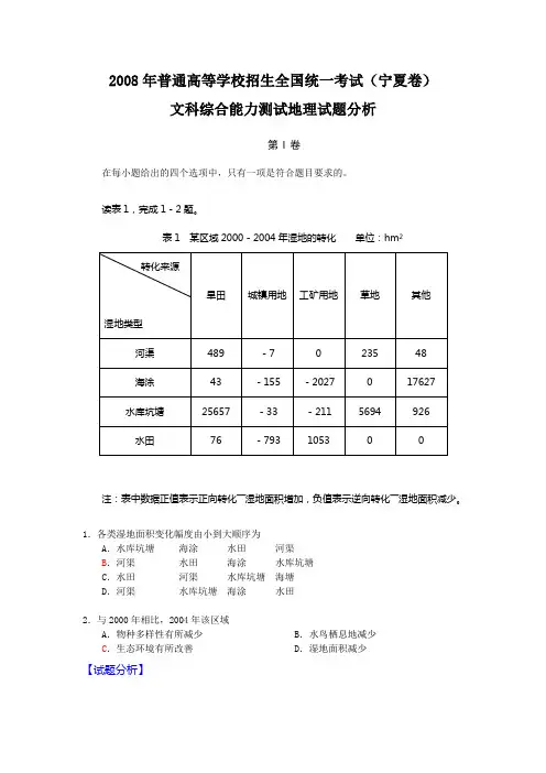 2008年文综地理高考试题(宁夏卷)评析