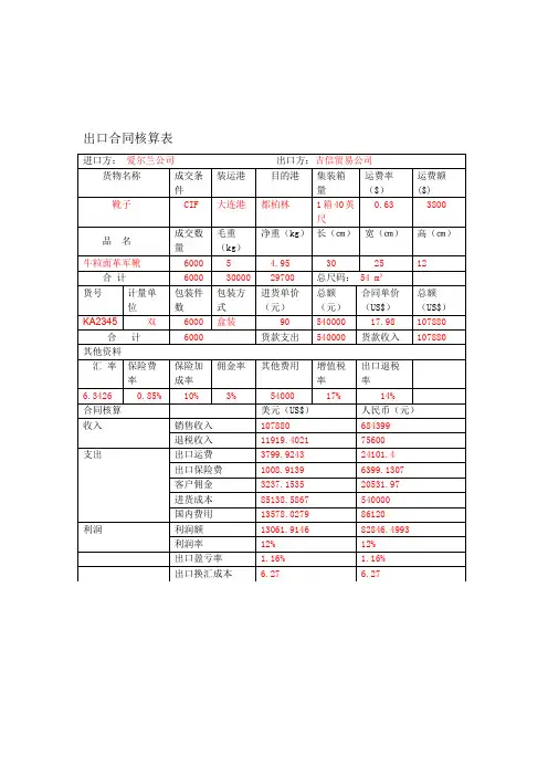 出口价格核算表