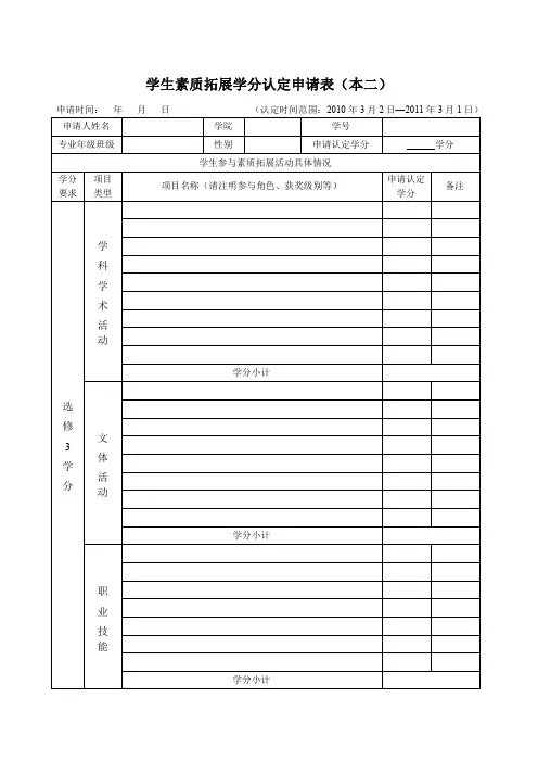 (本二)学生  素质拓展学分认定  申请表