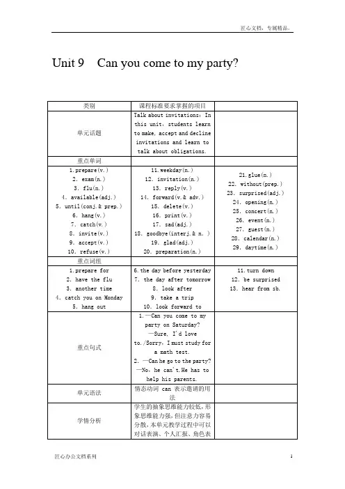 人教版八年级英语上册Unit9 Can you come to my party教案
