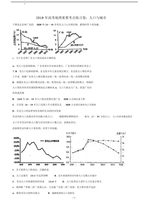 2019年高考地理重要考点练习卷：人口与城市含答案.docx