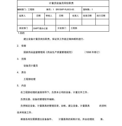 医药企业-GMP各岗位职责-计量员设备员岗位职责