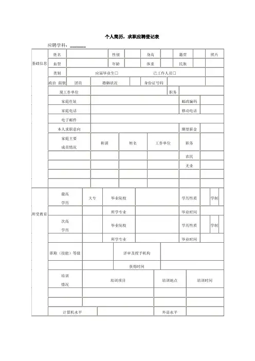 个人简历,求职应聘登记表