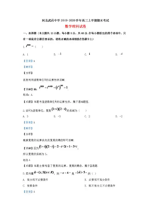 河北省衡水市武邑中学2020届高三数学上学期期末考试试题理(含解析)