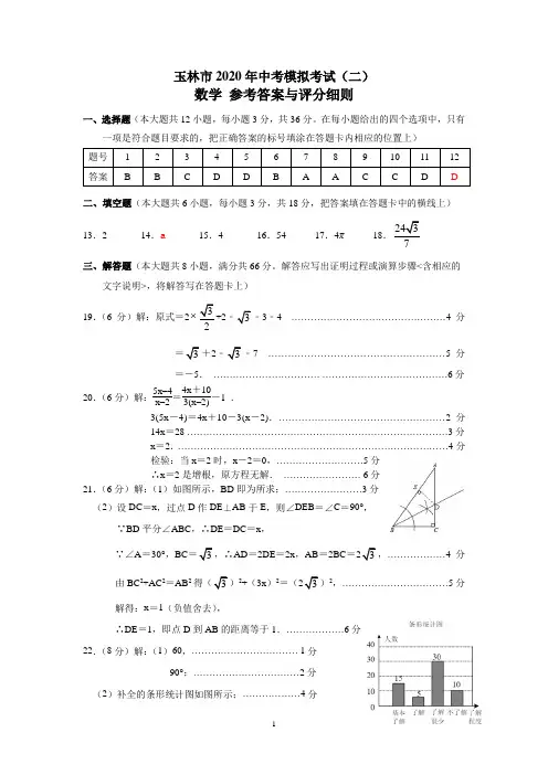 数学参考答案  玉林市2020年中考模拟考试(二)