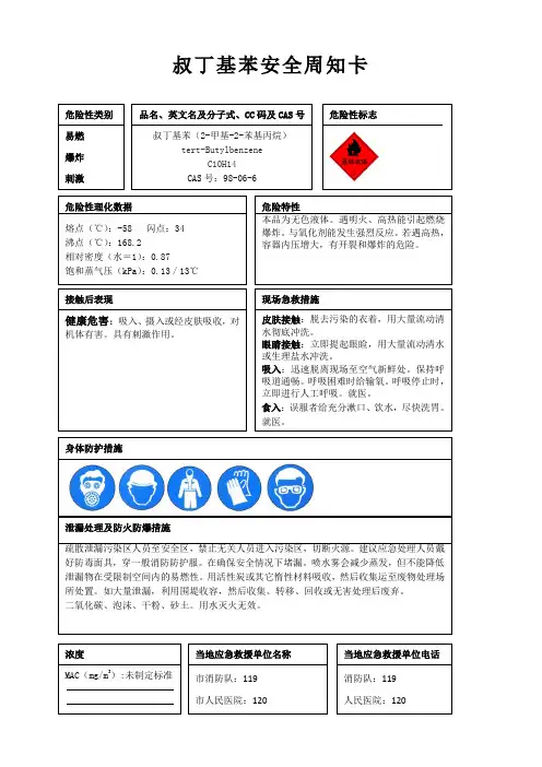 叔丁基苯安全周知卡、职业危害告知卡、理化特性表