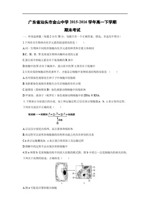 汕头市金山中学2015-2016学年高一下学期期末考试生物试题及答案