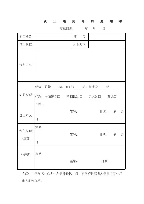 员工违纪处罚通知书标准版