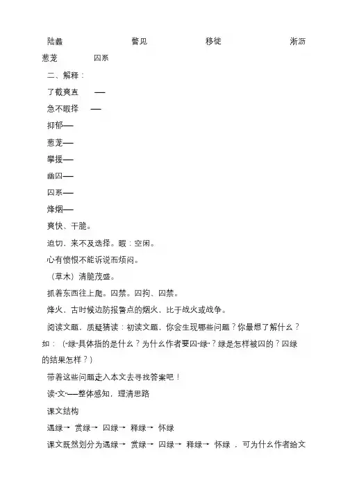 初中语文语文版九年级上册第一单元第2课：《囚绿记》课件