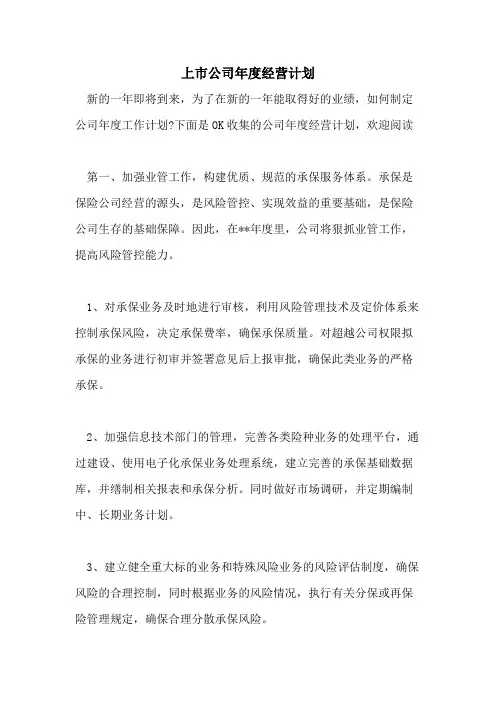 上市公司年度经营计划