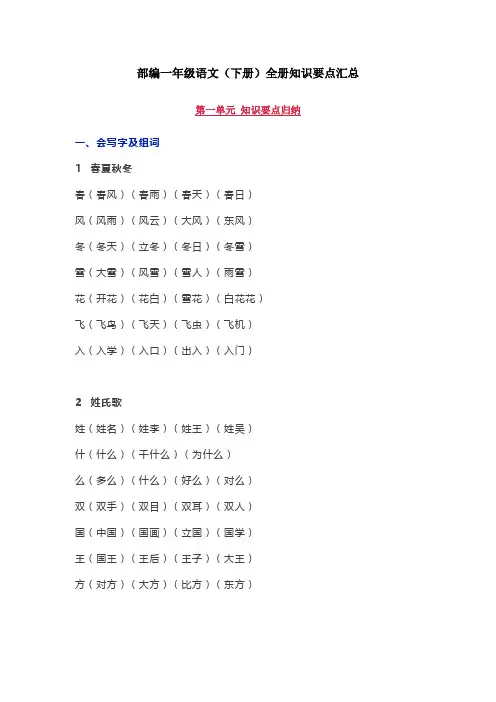 2019-2020学年统编版一年级语文下册全册知识要点汇总
