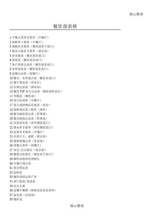 餐饮部所需表单