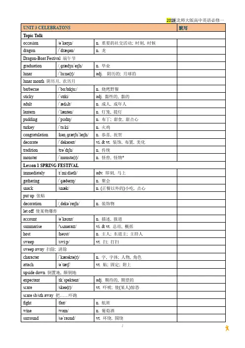 北师大2019新版高中英语必修一UNIT 3 CELEBRATONS 单词表