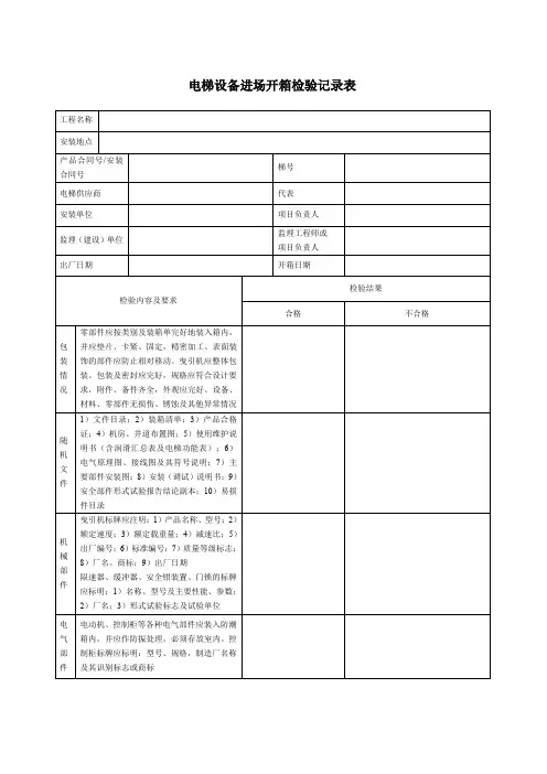 电梯设备进场开箱检验记录表