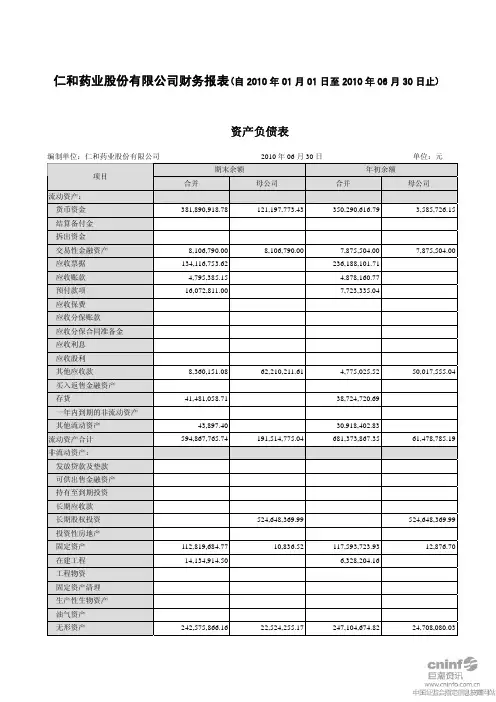 仁和药业：2010年半年度财务报告 2010-08-20