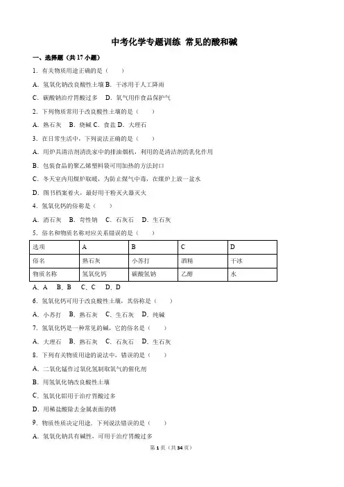 2018年中考化学专题训练 常见的酸和碱(解析版)