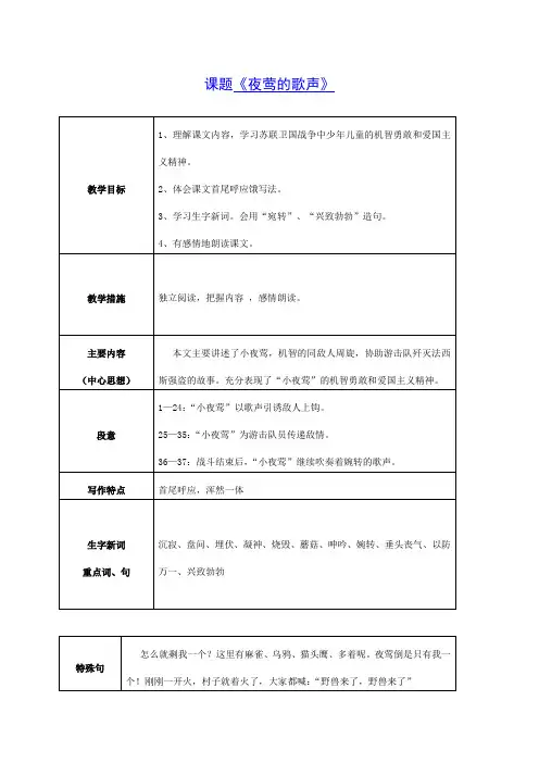 四年级语文上册 夜莺的歌声教案 鲁教版