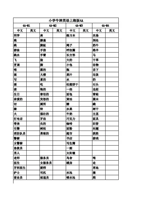 牛津英语上海版4A中文版