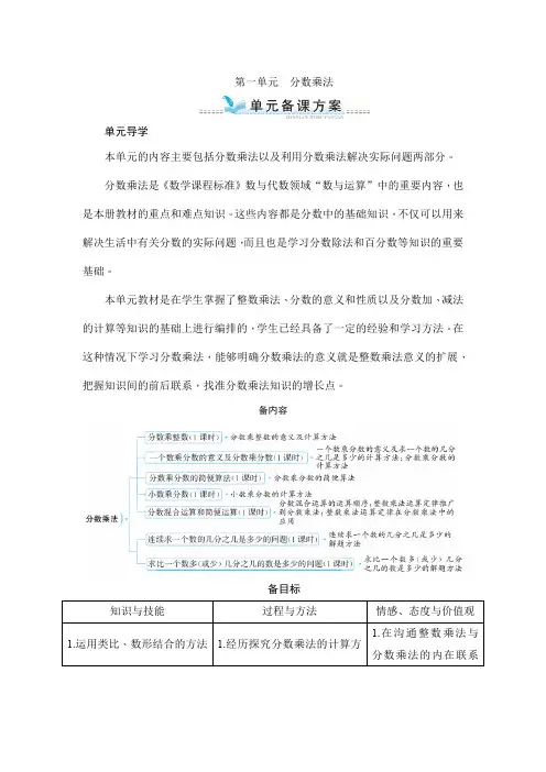 人教版六年级数学(上)第一单元《分数乘法》单元备课方案