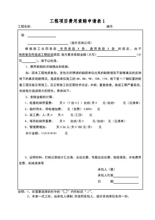 工程项目费用索赔申请表【全套】