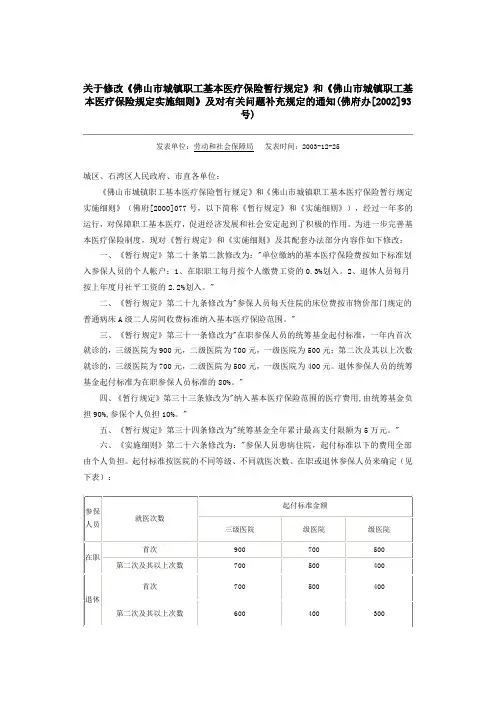 关于修改《佛山市城镇职工基本医疗保险暂行规定》和《佛山市城镇职工基本医疗保险规定实施细则》及对有关问