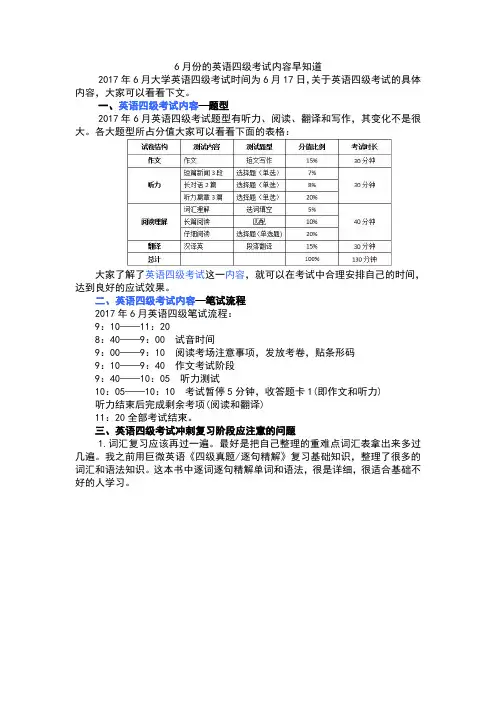 6月份的英语四级考试内容早知道