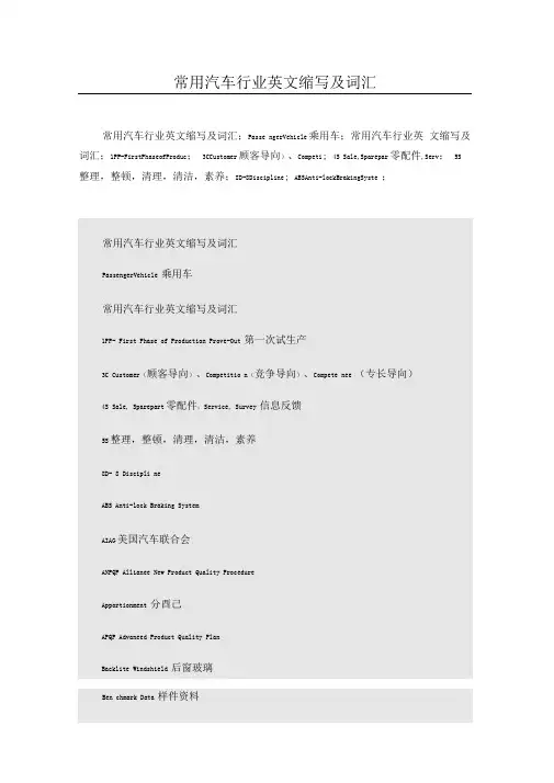 常用汽车行业英文缩写及词汇