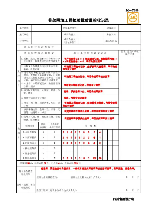SG-T089骨架隔墙工程检验批质量验收记录