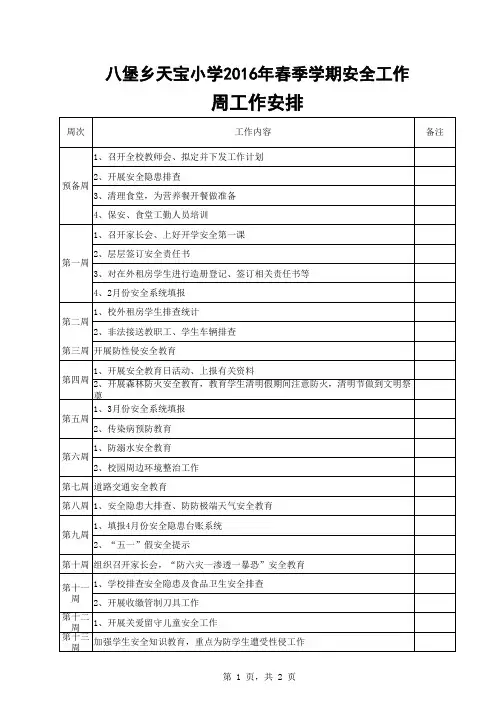 天宝小学安全工作周工作安排
