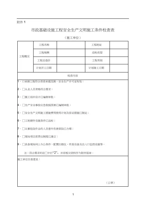 (安全生产)市政基础设施工程安全生产文明施工条件检查表