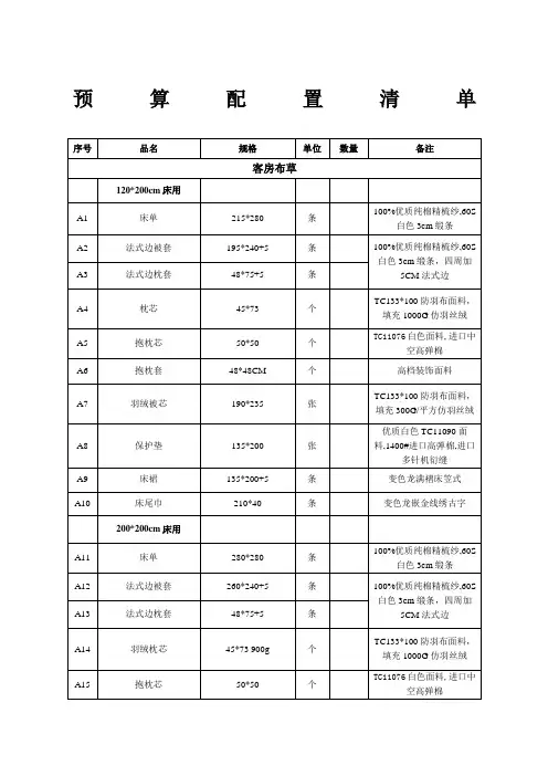 星级酒店采购配置清单