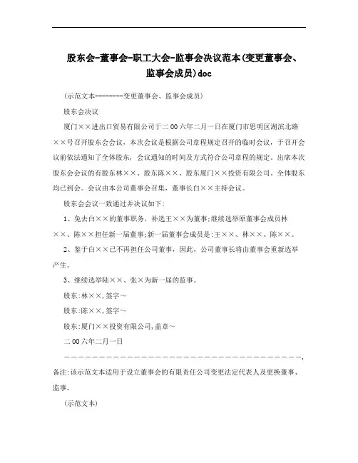 股东会-董事会-职工大会-监事会决议范本(变更董事会、监事会成员)doc