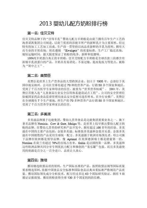 2013婴幼儿配方奶粉排行榜