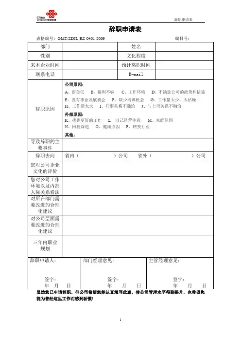 辞职申请表