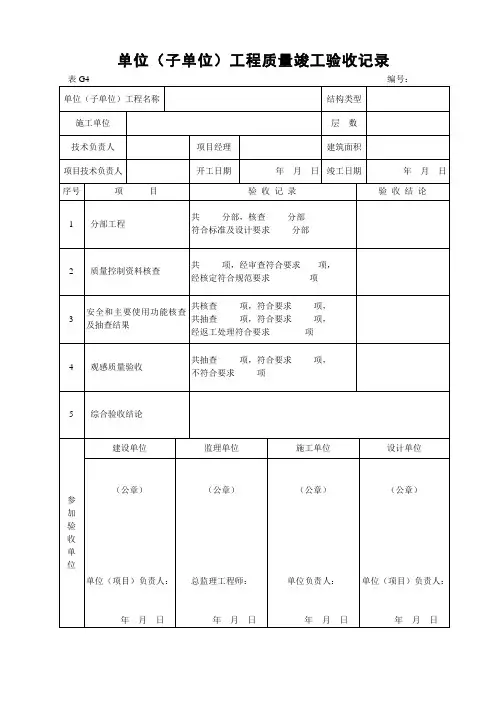 表G4 单位(子单位)工程质量竣工验收记录