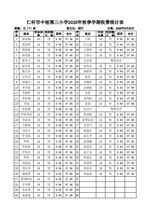 五(7)班中枢三小2020秋季学期收费表(1)(1)