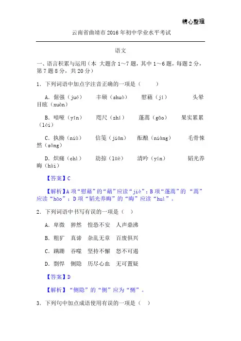 云南省曲靖市2016年初中学业水平考试语文试卷(解析版)