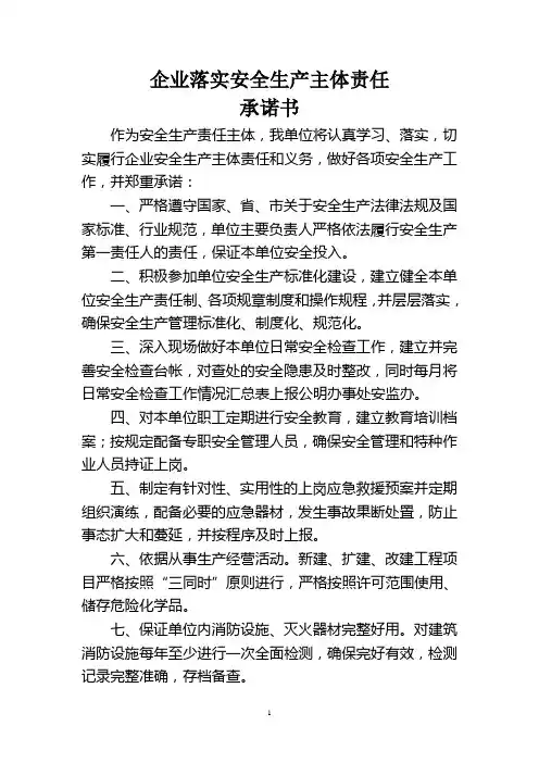 落实企业安全生产主体责任承诺书