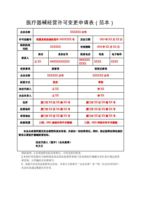 医疗器械经营许可变更申请表(范本)