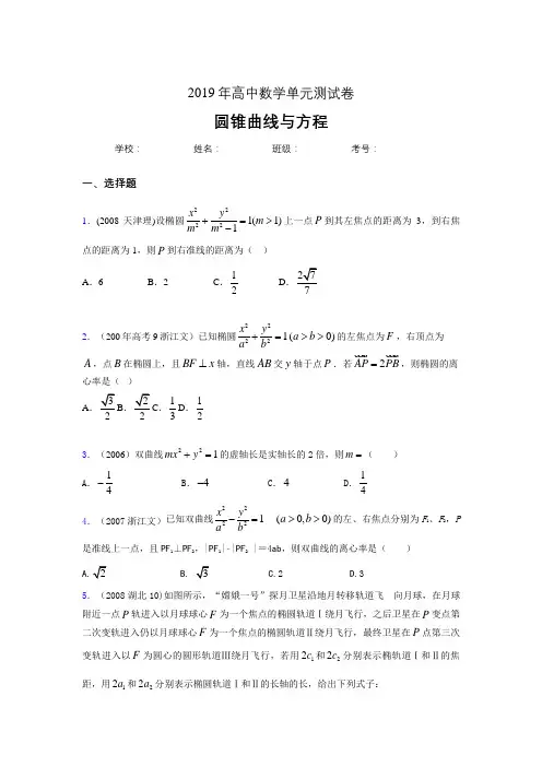 精编2020高考数学《圆锥曲线方程》专题训练完整题(含参考答案)