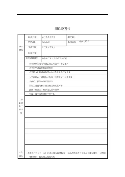 运行电工班班长职位说明书