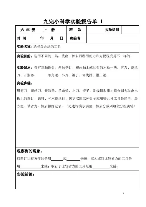 九完小(六年级上册)科学实验报告单