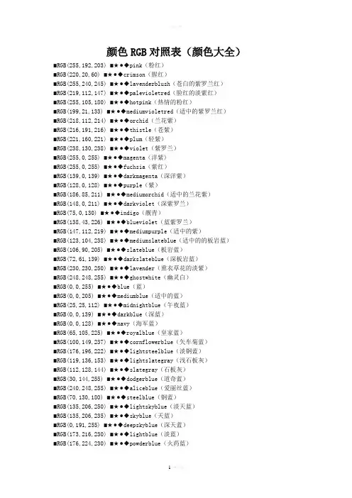 颜色RGB对照表(所有颜色大全)