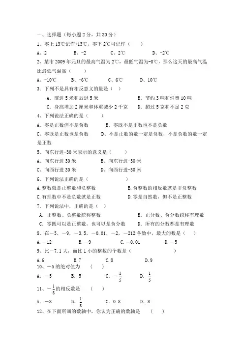 正负数、有理数、数轴、绝对值与相反数