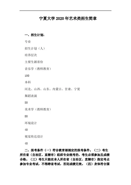宁夏大学2020年艺术类招生简章