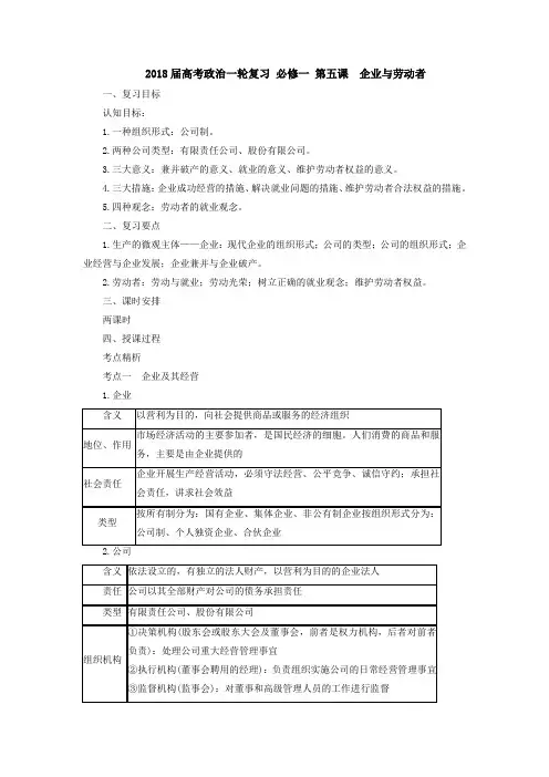 [高三政治]高考一轮复习人教版 必修一 第五课 企业与劳动者教案.doc