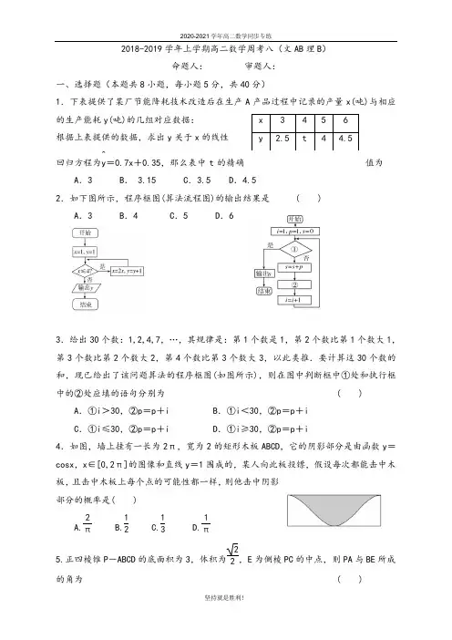 唐山一中2020-2021学年高二上学期数学周考八(文AB理B)