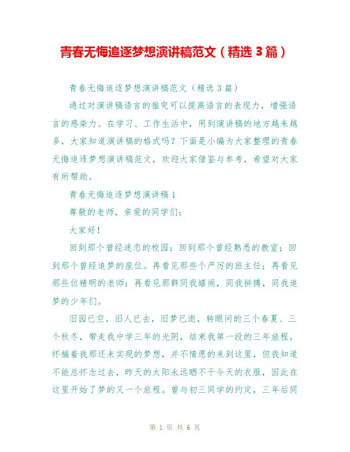 青春无悔追逐梦想演讲稿范文(精选3篇)